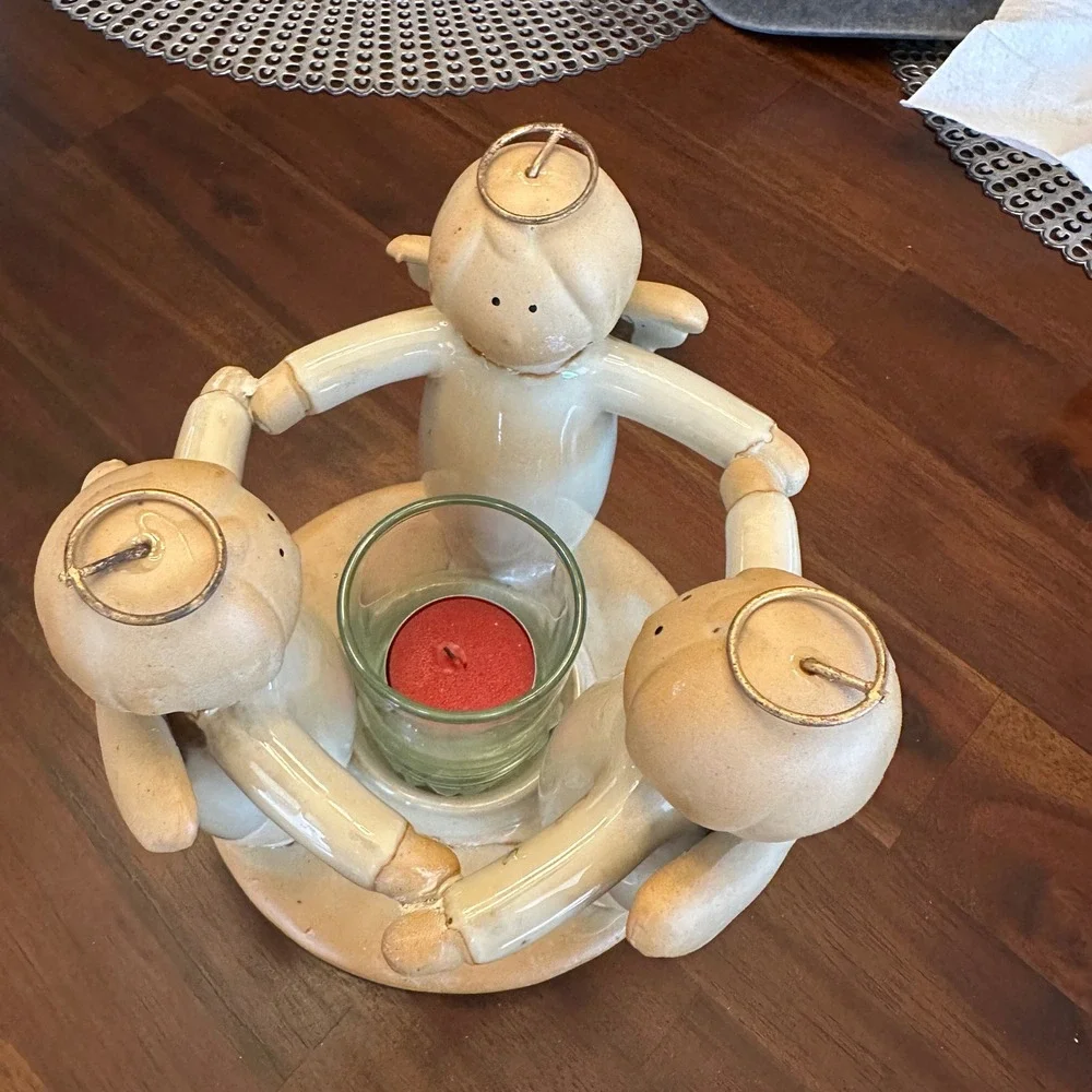 Angel Circle Candle Holder Vintage Tan Ceramic Clay Votive‎ Centerpiece 6.5in